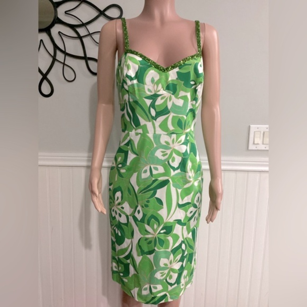 Spenser Jeremy NWT Green White Floral Dress with Sequins & Bead Trim size 10